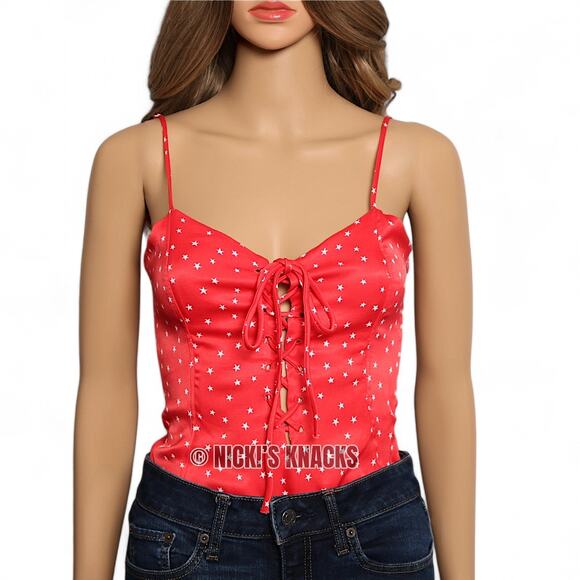 Zara Red Satin Star Bodysuit Y2K Lace Up Corset Tank Snap Bottom Top Size S - Picture 3 of 12